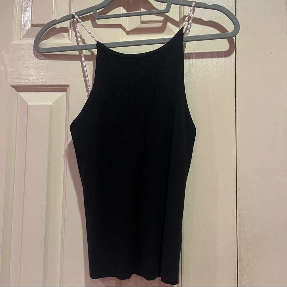 RIHOAS  Beaded Strap Ribbed Cami Top Black NWT Size L